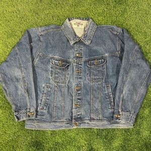 Vintage 90s Wrangler Rugged Wear Trucker Denim Jacket Blue Jean Button Up Size L